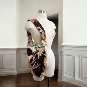 Vintage 90s Tropical Floral Leaf Brocade Shoulder Bag Purse Hobo Black